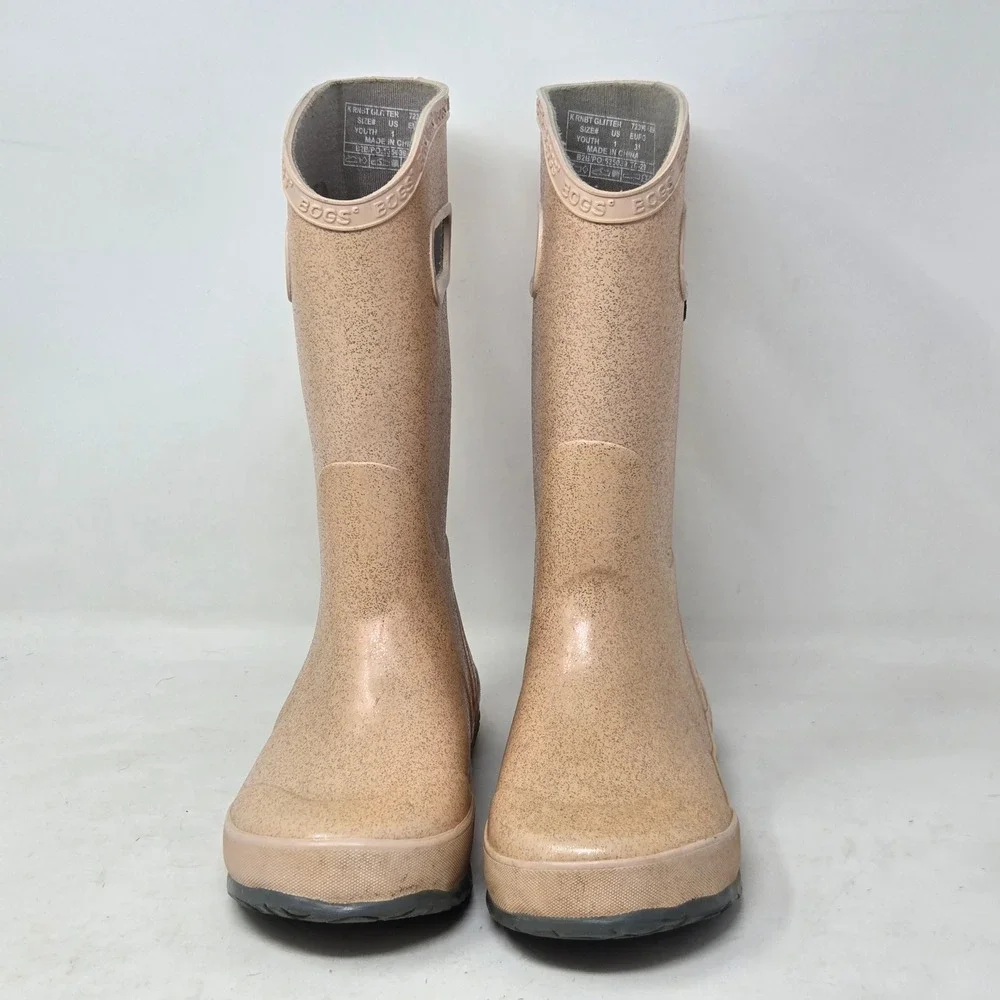 Bogs Rain Boot Glitter Pink Peach Waterproof Pull On Boots Kid Youth 1 72399-689